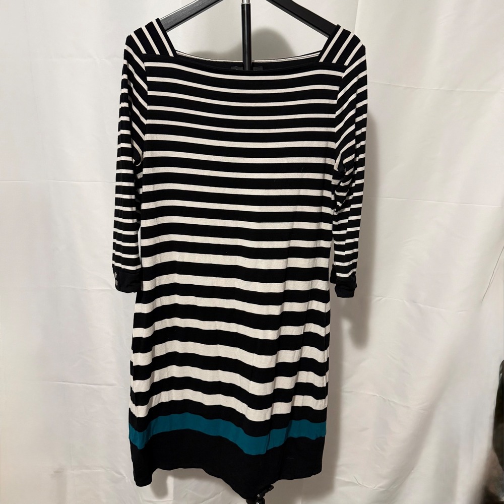 White House Black Market Striped Boat Neck Sheath Dress Black White Teal Medium